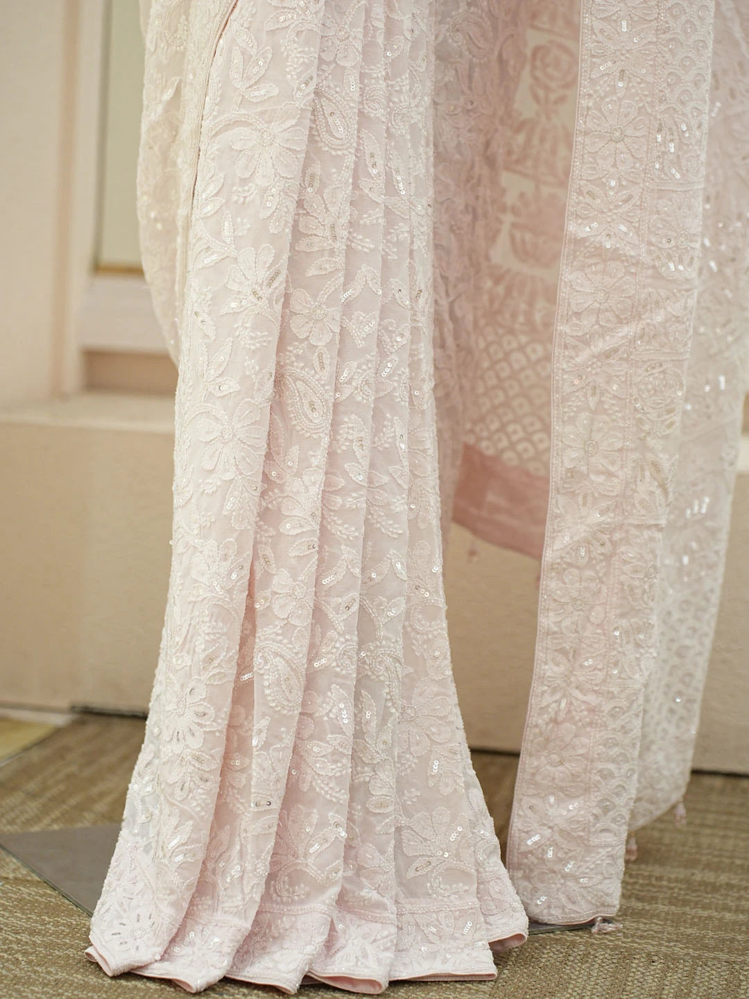 Ada Hand Embroidered Pink Viscose Georgette Lucknowi Chikankari Saree and Blouse With Cutdana Work 01A782278