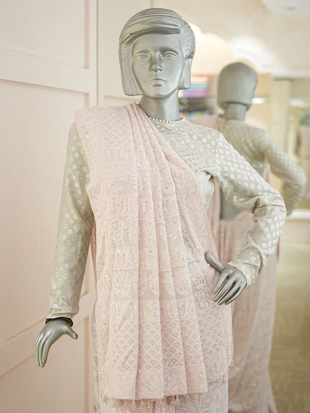 Ada Hand Embroidered Pink Viscose Georgette Lucknowi Chikankari Saree and Blouse With Cutdana Work 01A782278