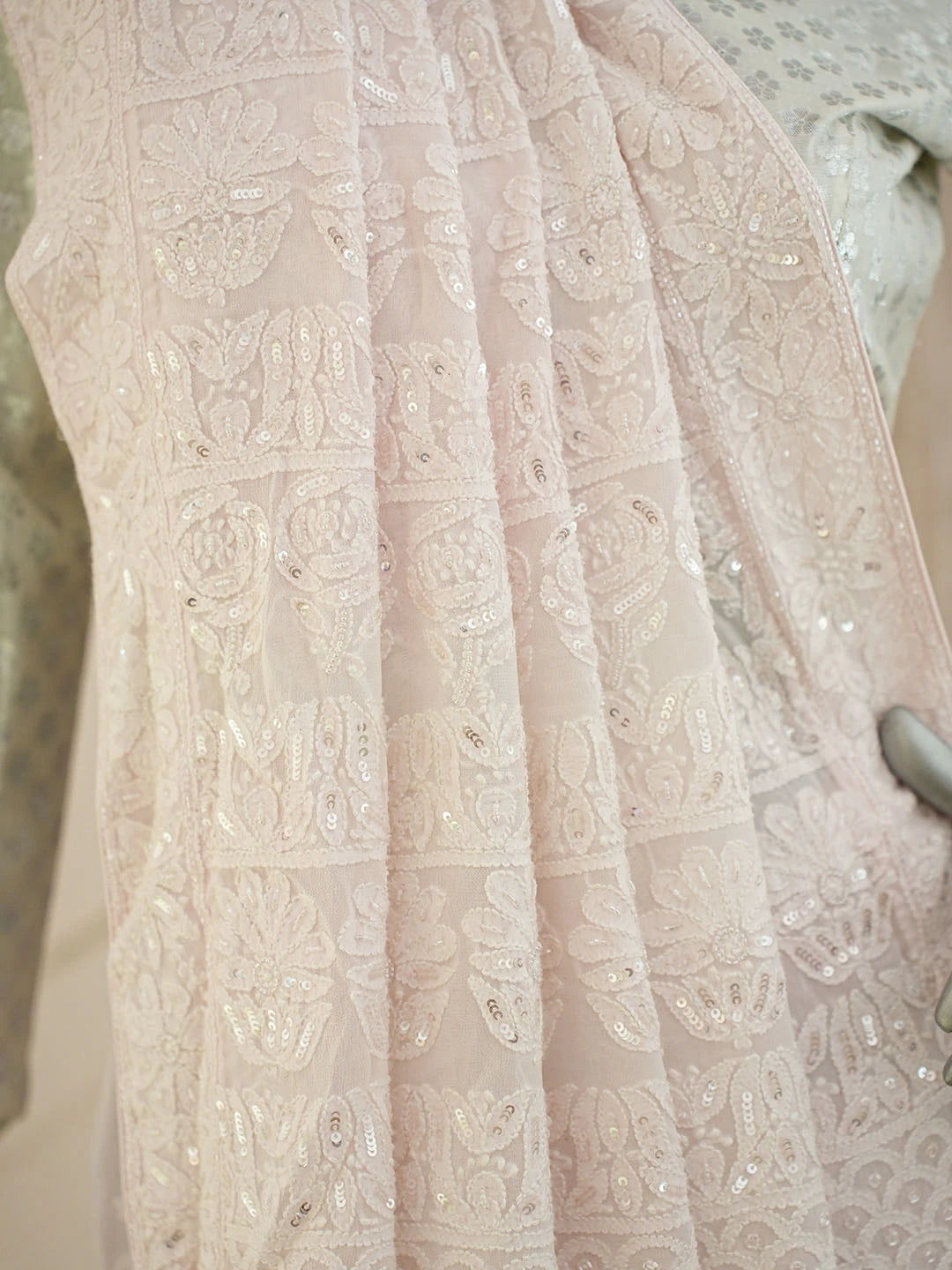 Ada Hand Embroidered Pink Viscose Georgette Lucknowi Chikankari Saree and Blouse With Cutdana Work 01A782278