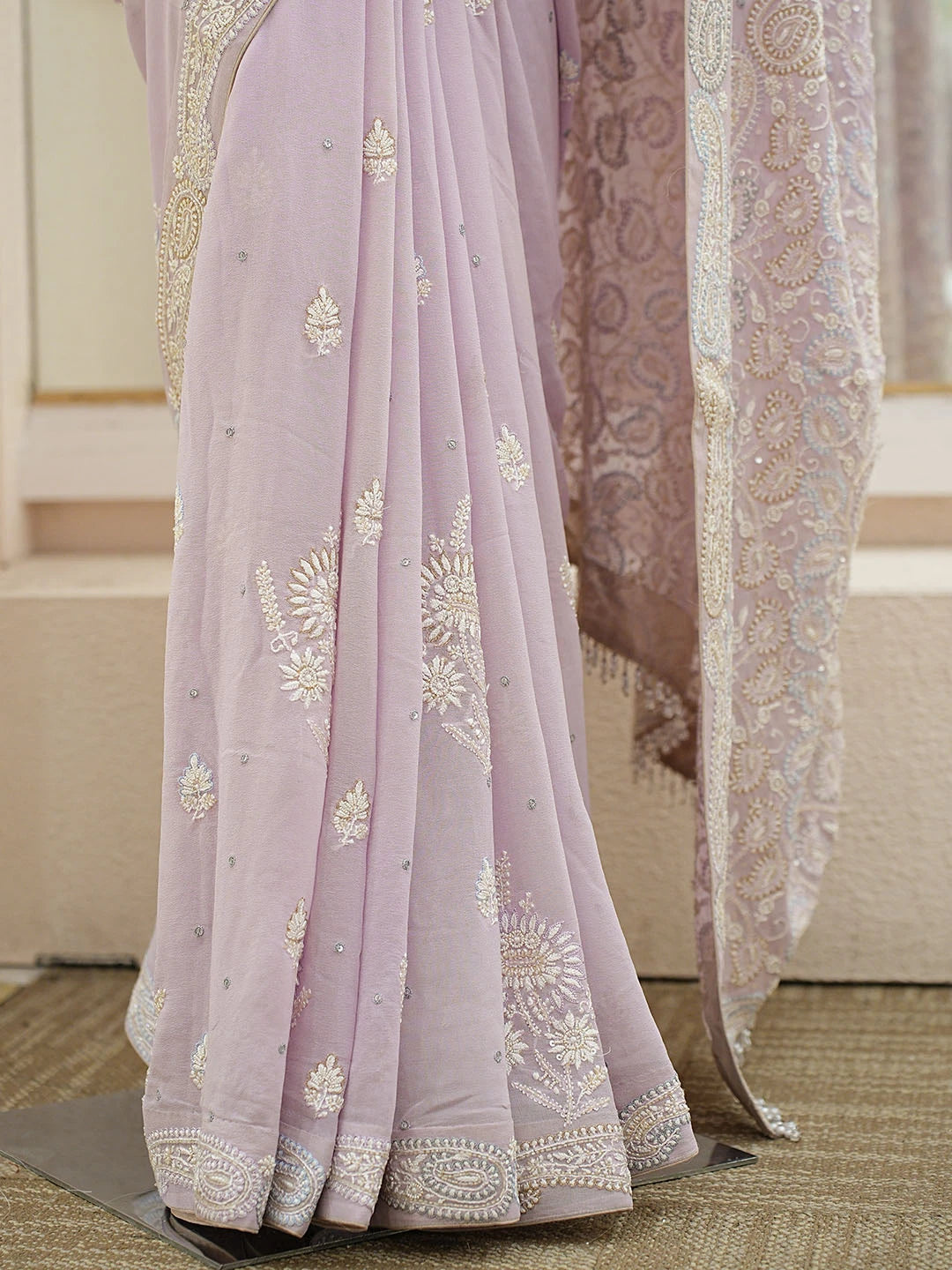 Ada Hand Embroidered Lavender Pure Georgette Lucknowi Chikankari Saree and Blouse With Cutdana Work 01A7204