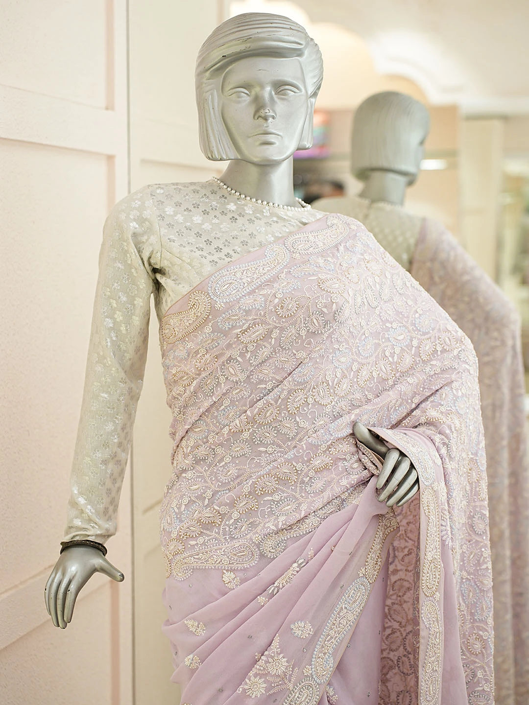 Ada Hand Embroidered Lavender Pure Georgette Lucknowi Chikankari Saree and Blouse With Cutdana Work 01A7204