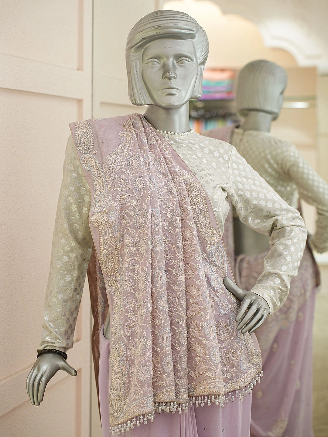 Ada Hand Embroidered Lavender Pure Georgette Lucknowi Chikankari Saree and Blouse With Cutdana Work 01A7204