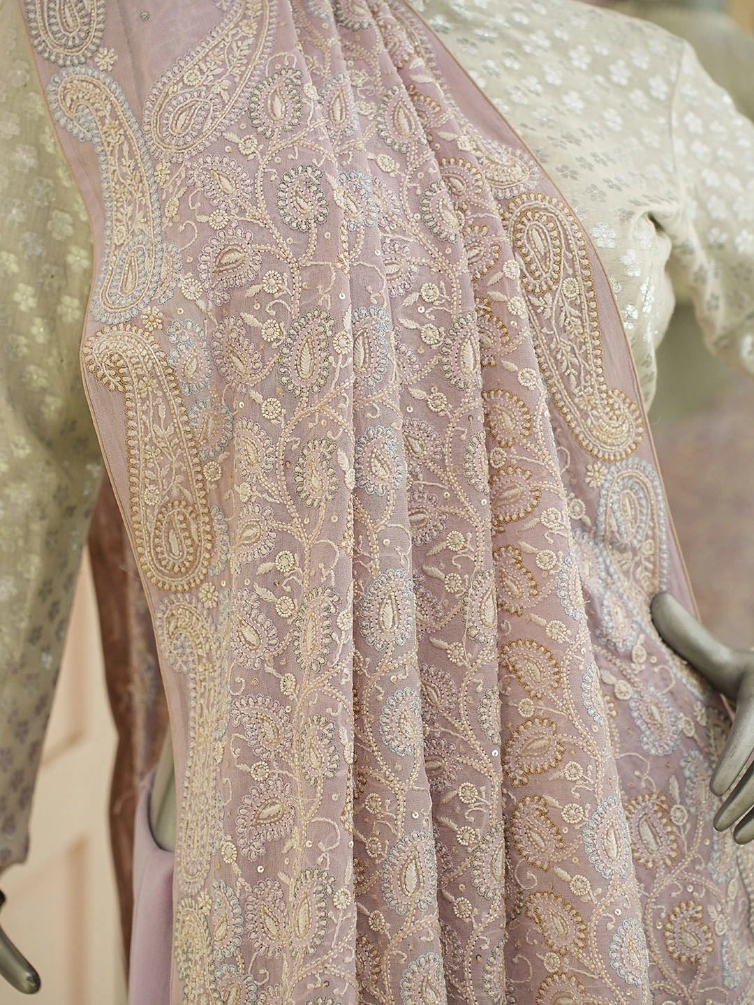 Ada Hand Embroidered Lavender Pure Georgette Lucknowi Chikankari Saree and Blouse With Cutdana Work 01A7204