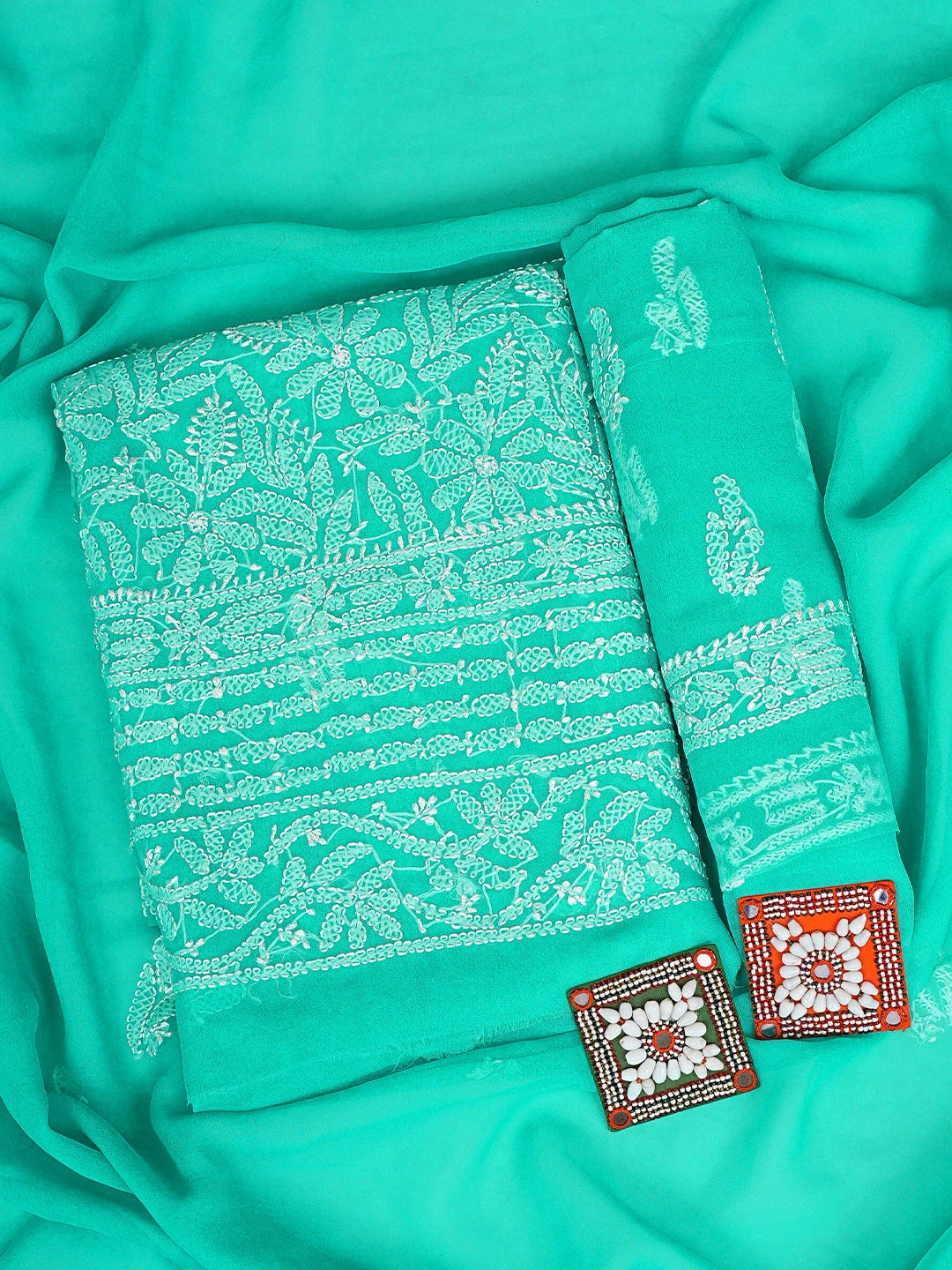 Ada Hand Embroidered Rama Green Georgette Lucknowi Chikankari Unstitched Suit Piece 01A907716
