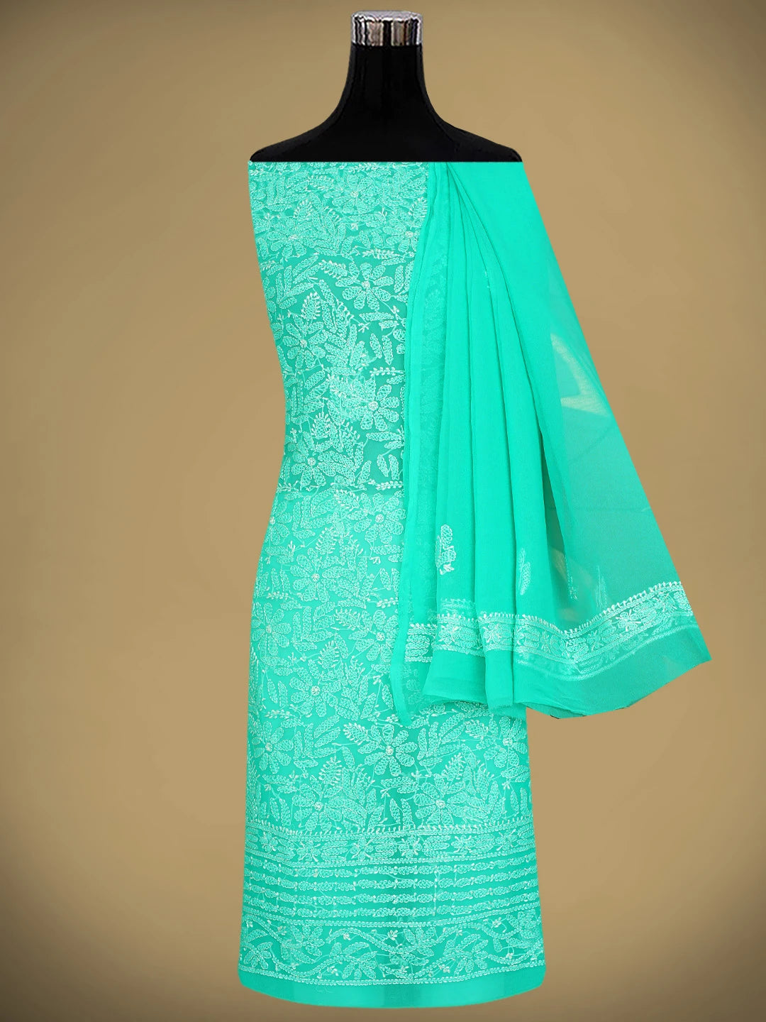 Ada Hand Embroidered Rama Green Georgette Lucknowi Chikankari Unstitched Suit Piece 01A907716