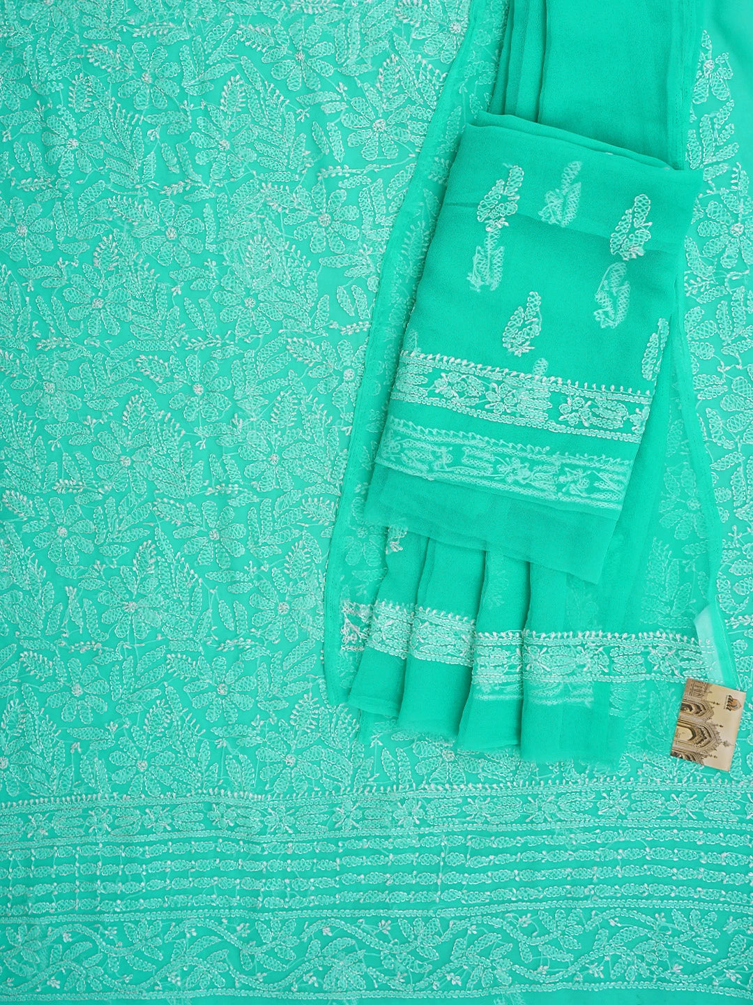 Ada Hand Embroidered Rama Green Georgette Lucknowi Chikankari Unstitched Suit Piece 01A907716