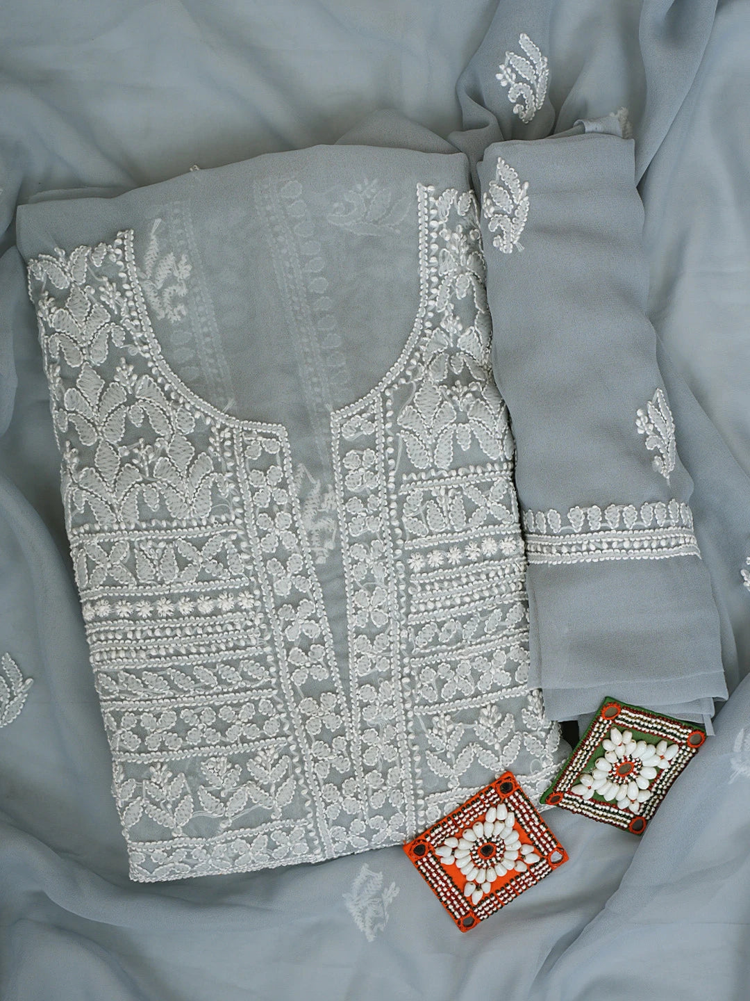 Ada Hand Embroidered Grey Georgette Lucknowi Chikankari Unstitched Suit Piece 01A823833
