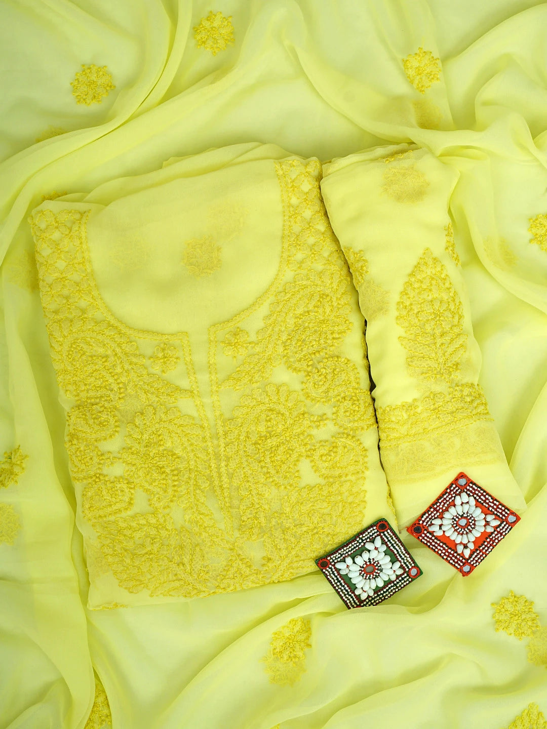 Ada Hand Embroidered Lemon Georgette Lucknowi Chikankari Unstitched Suit Piece 01A597810