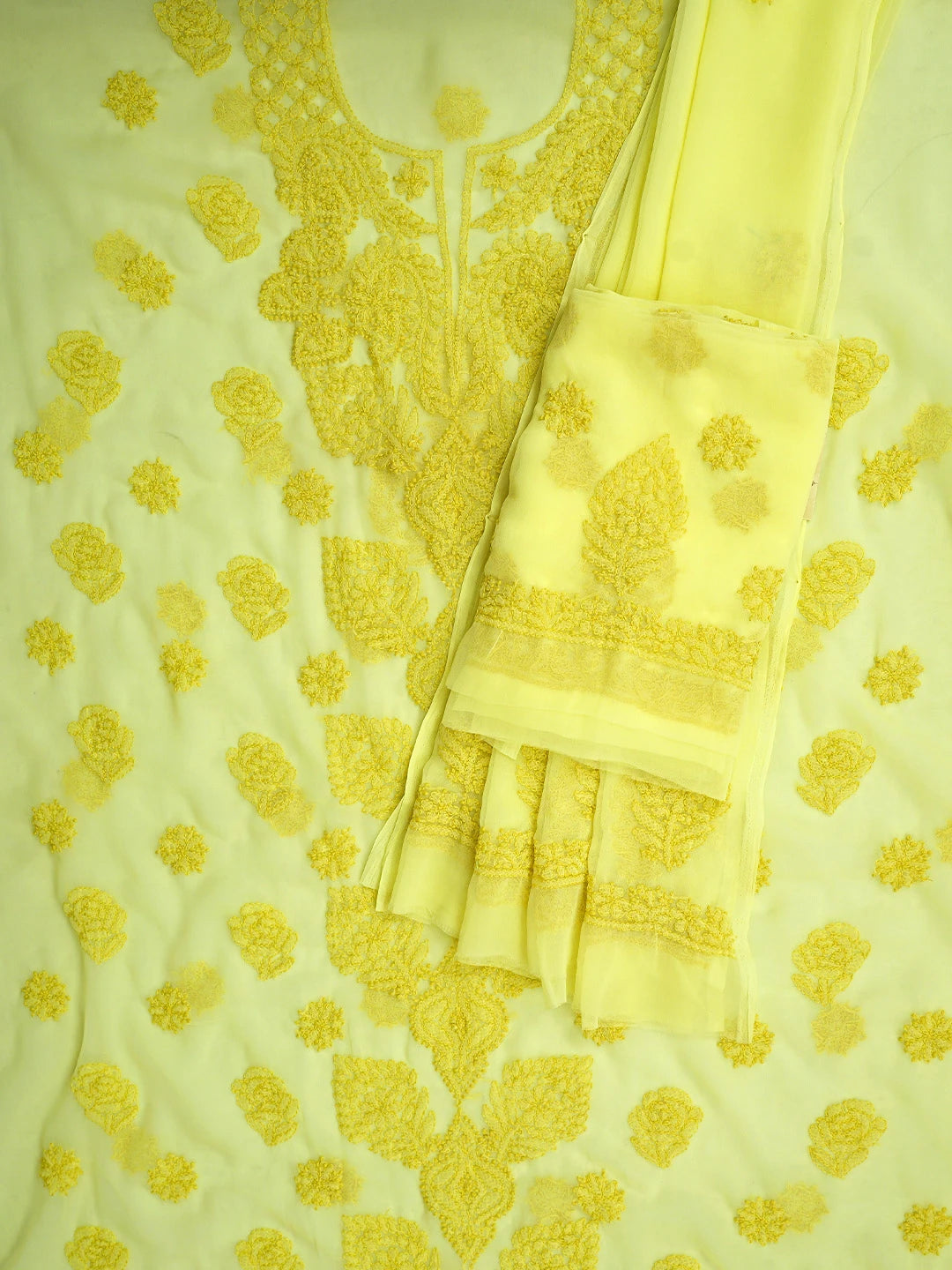 Ada Hand Embroidered Lemon Georgette Lucknowi Chikankari Unstitched Suit Piece 01A597810
