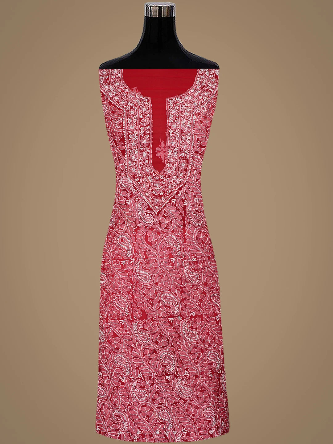 Ada Hand Embroidered Red Georgette Lucknowi Chikankari Unstitched Suit Piece 01A779068