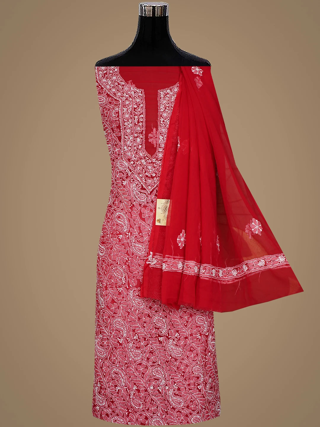 Ada Hand Embroidered Red Georgette Lucknowi Chikankari Unstitched Suit Piece 01A779068