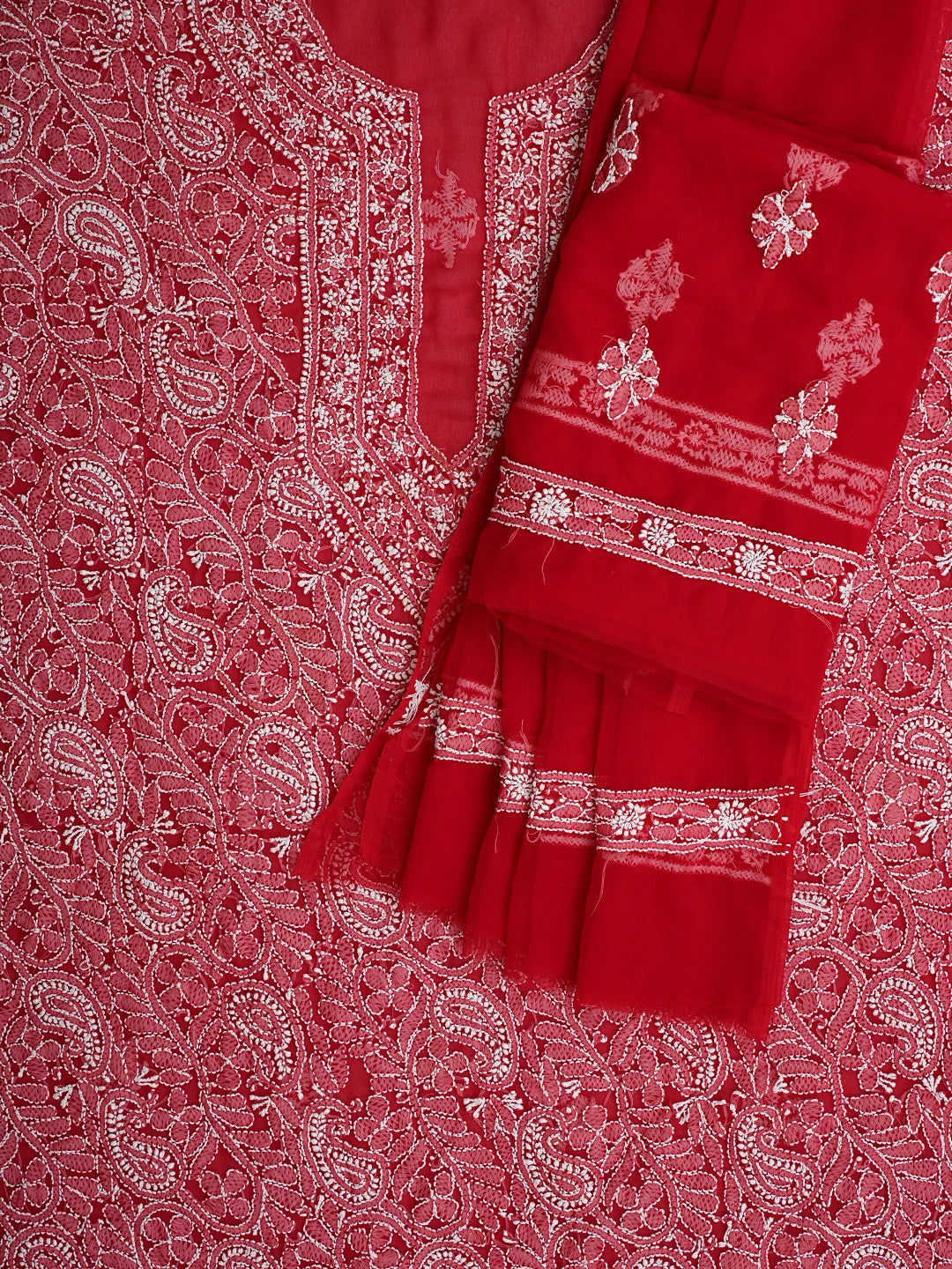 Ada Hand Embroidered Red Georgette Lucknowi Chikankari Unstitched Suit Piece 01A779068