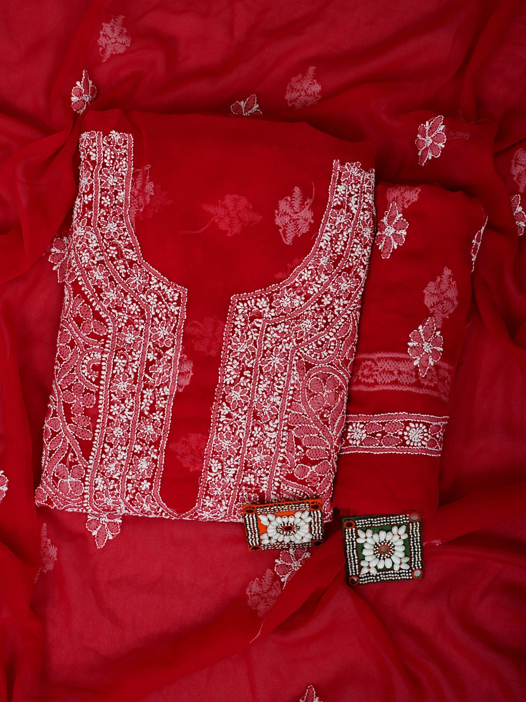 Ada Hand Embroidered Red Georgette Lucknowi Chikankari Unstitched Suit Piece 01A779068