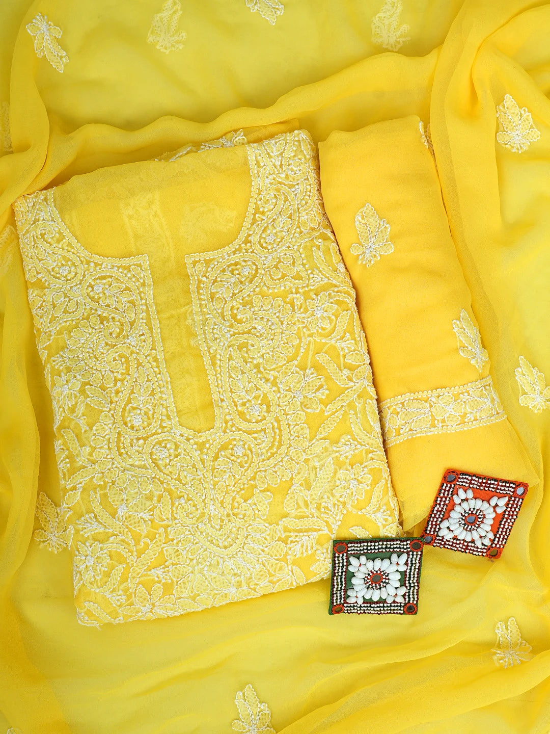 Ada Hand Embroidered Yellow Georgette Lucknowi Chikankari Unstitched Suit Piece 01A866975