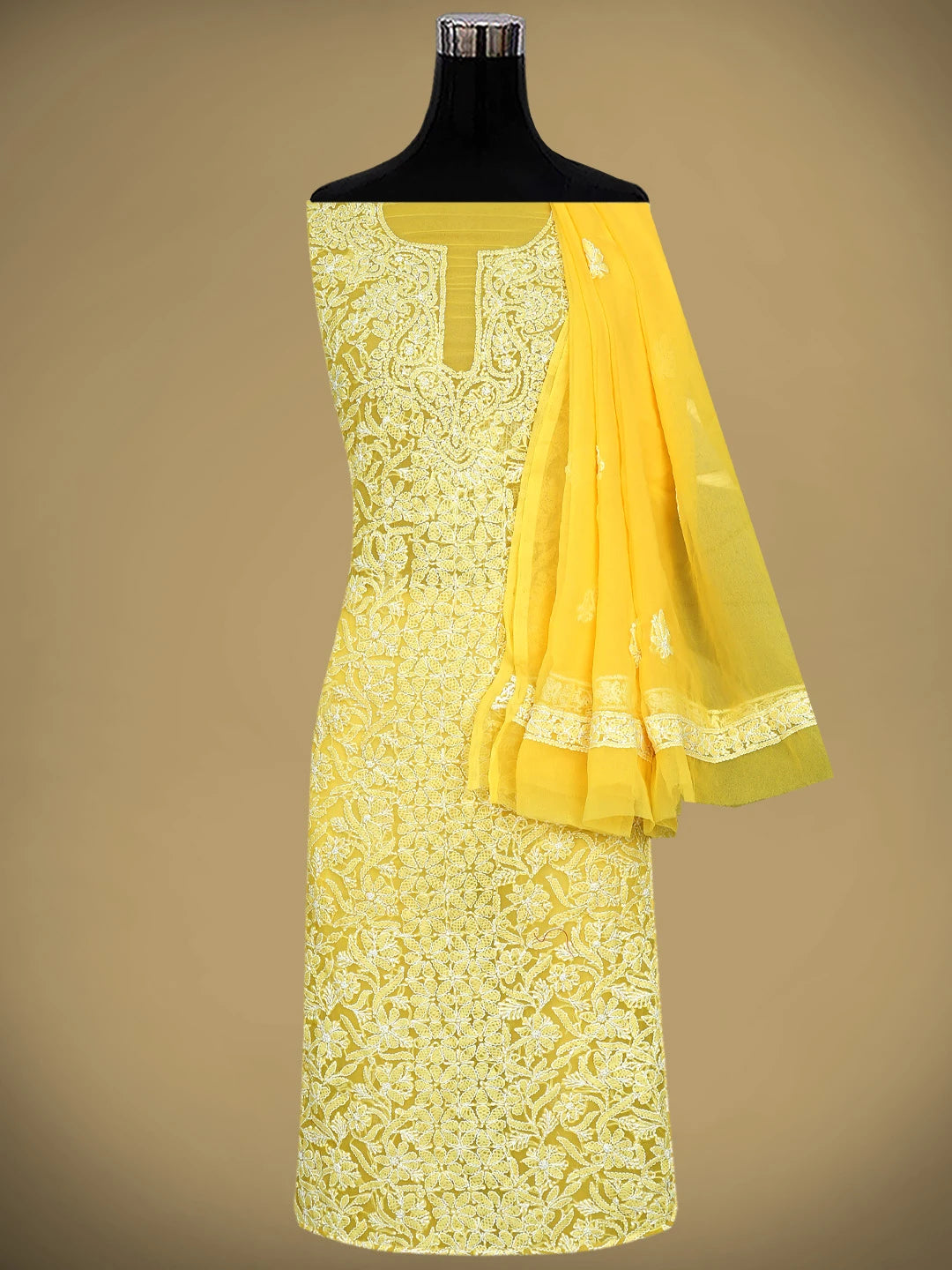Ada Hand Embroidered Yellow Georgette Lucknowi Chikankari Unstitched Suit Piece 01A866975