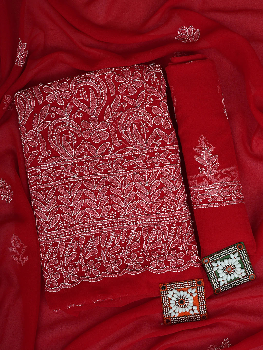 Ada Hand Embroidered Red Georgette Lucknowi Chikankari Unstitched Suit Piece 01A878911