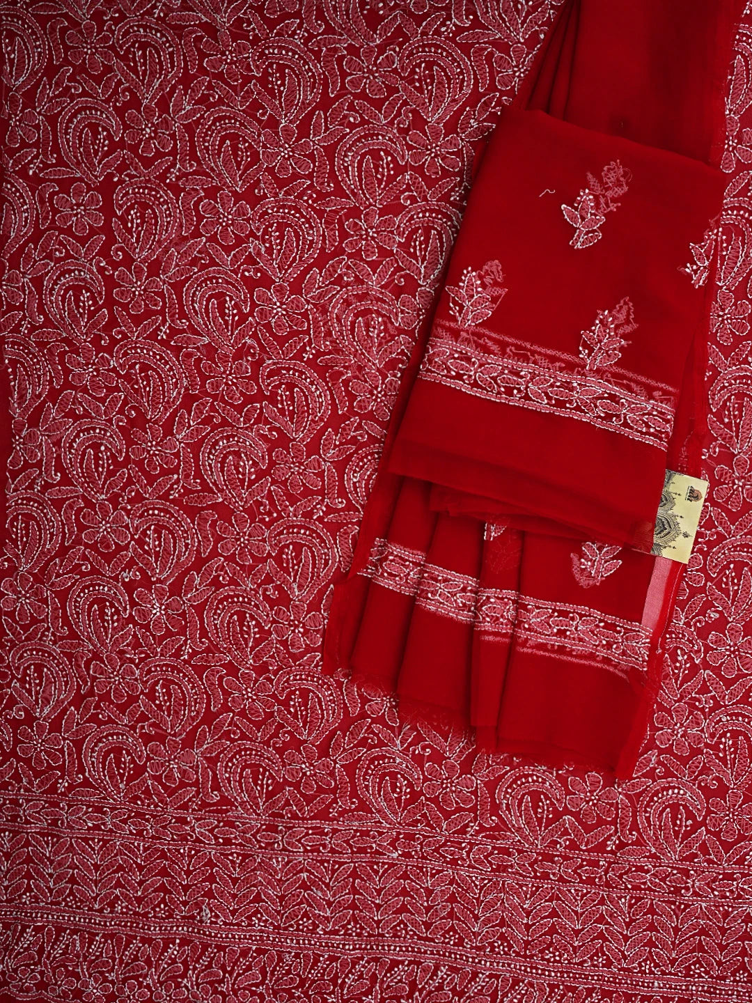 Ada Hand Embroidered Red Georgette Lucknowi Chikankari Unstitched Suit Piece 01A878911