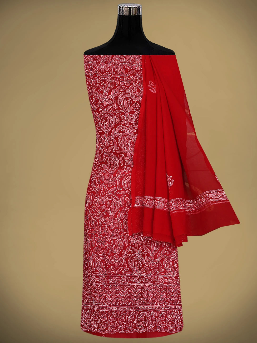 Ada Hand Embroidered Red Georgette Lucknowi Chikankari Unstitched Suit Piece 01A878911