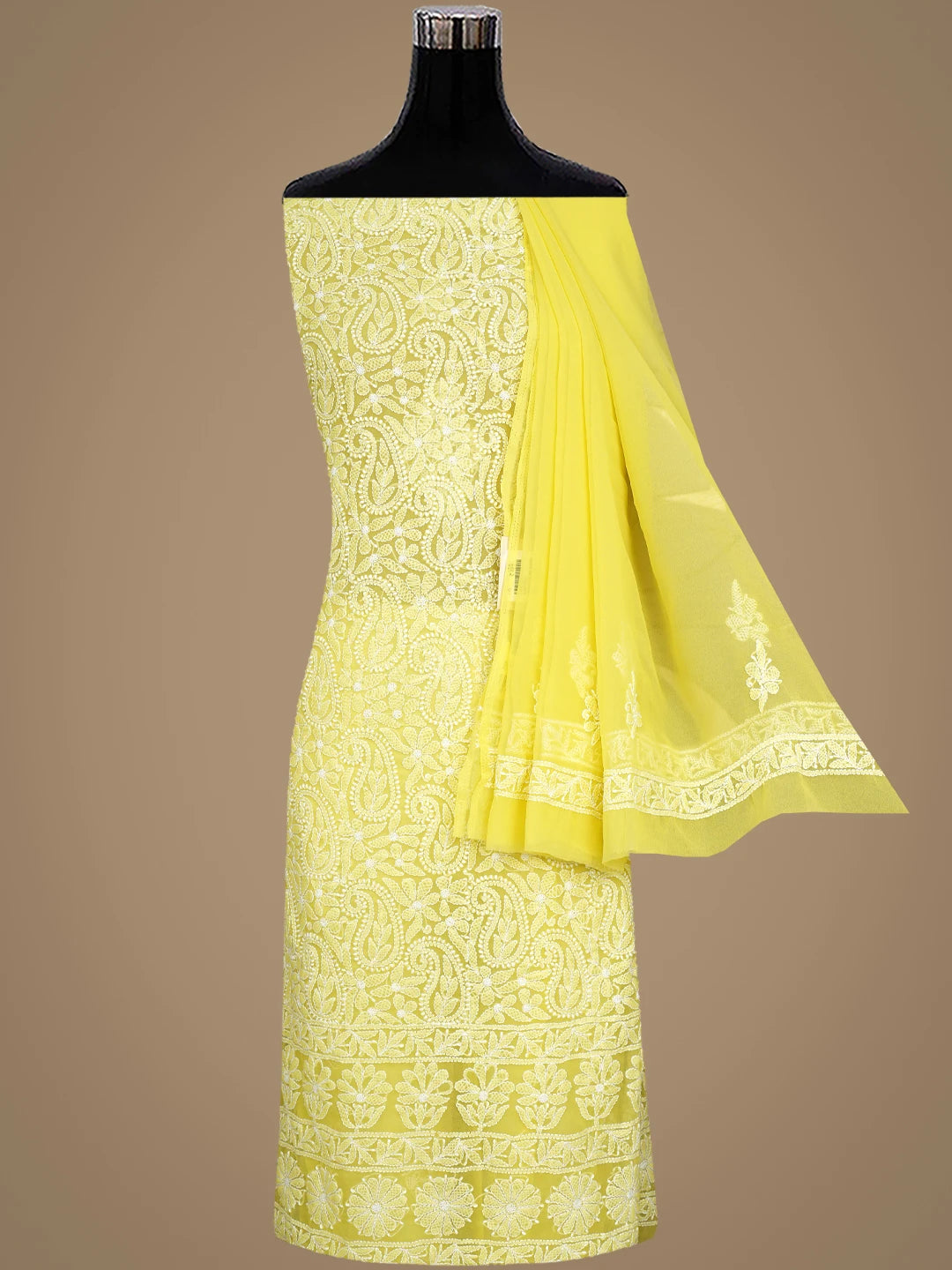 Ada Hand Embroidered Mustard Yellow Georgette Lucknowi Chikankari Unstitched Suit Piece 01A915215