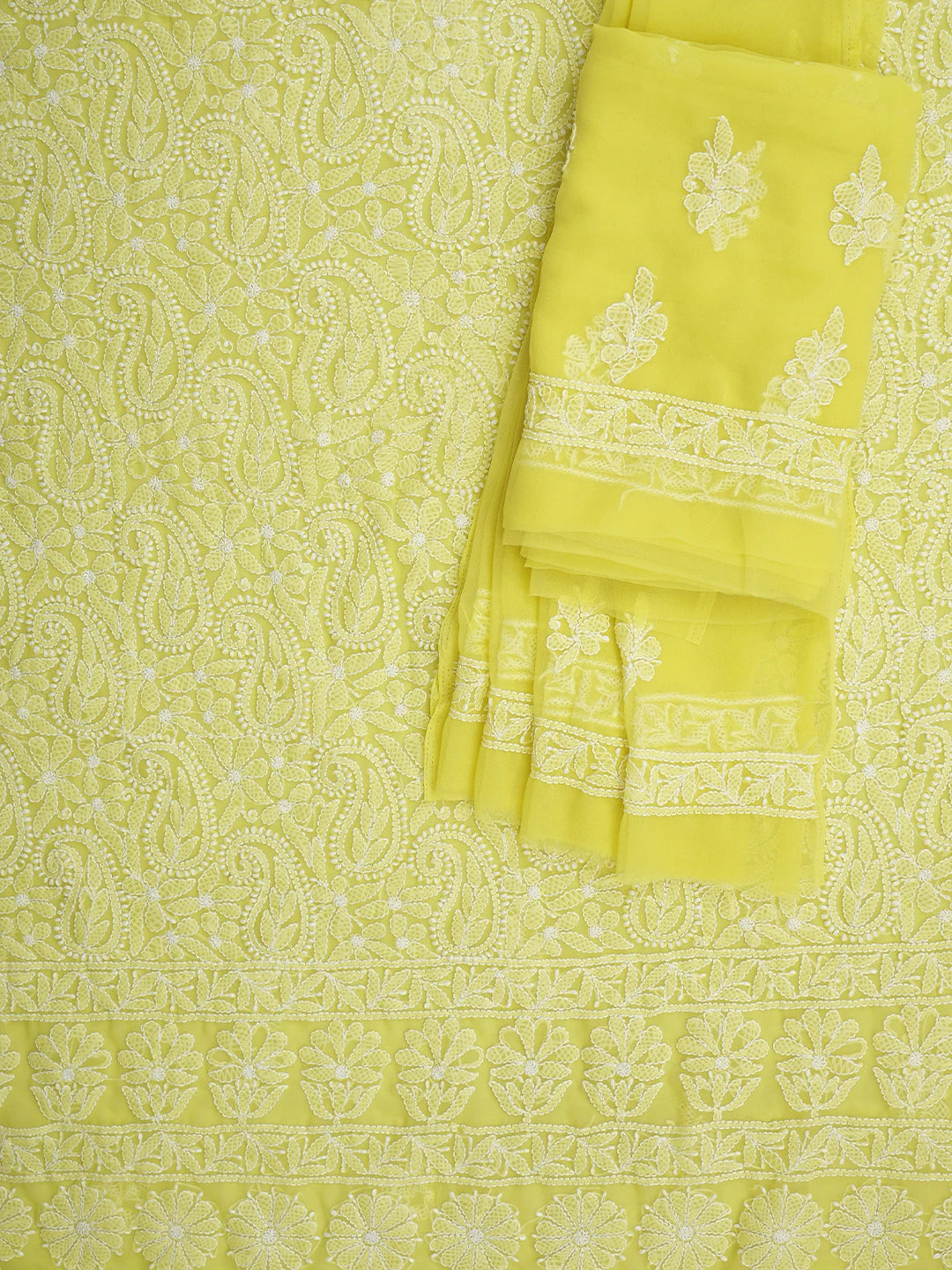 Ada Hand Embroidered Mustard Yellow Georgette Lucknowi Chikankari Unstitched Suit Piece 01A915215