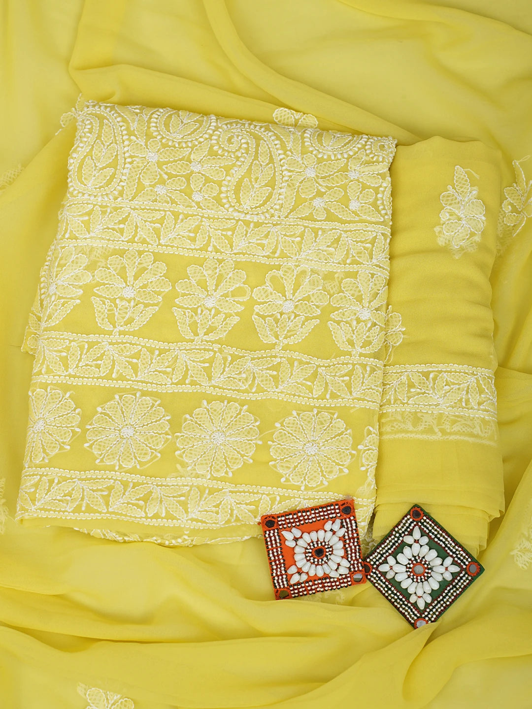 Ada Hand Embroidered Mustard Yellow Georgette Lucknowi Chikankari Unstitched Suit Piece 01A915215