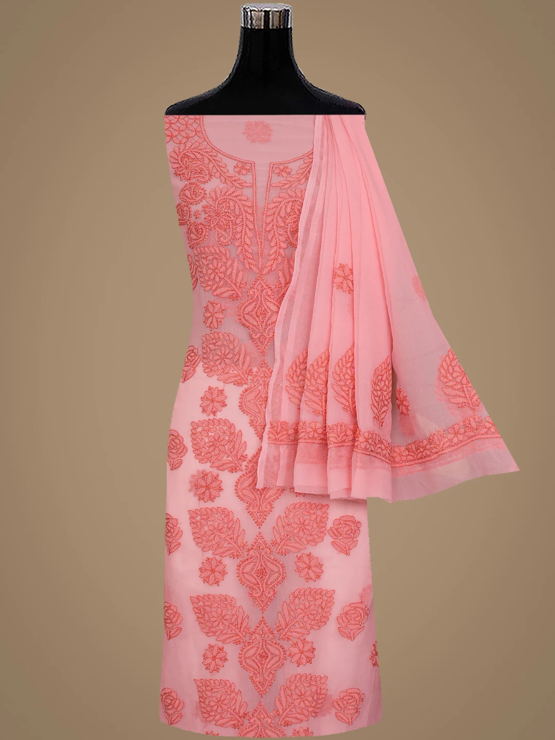 Ada Hand Embroidered Salmon Peach Georgette Lucknowi Chikankari Unstitched Suit Piece 01A923827