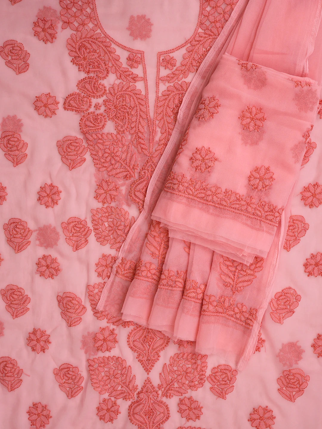 Ada Hand Embroidered Salmon Peach Georgette Lucknowi Chikankari Unstitched Suit Piece 01A923827