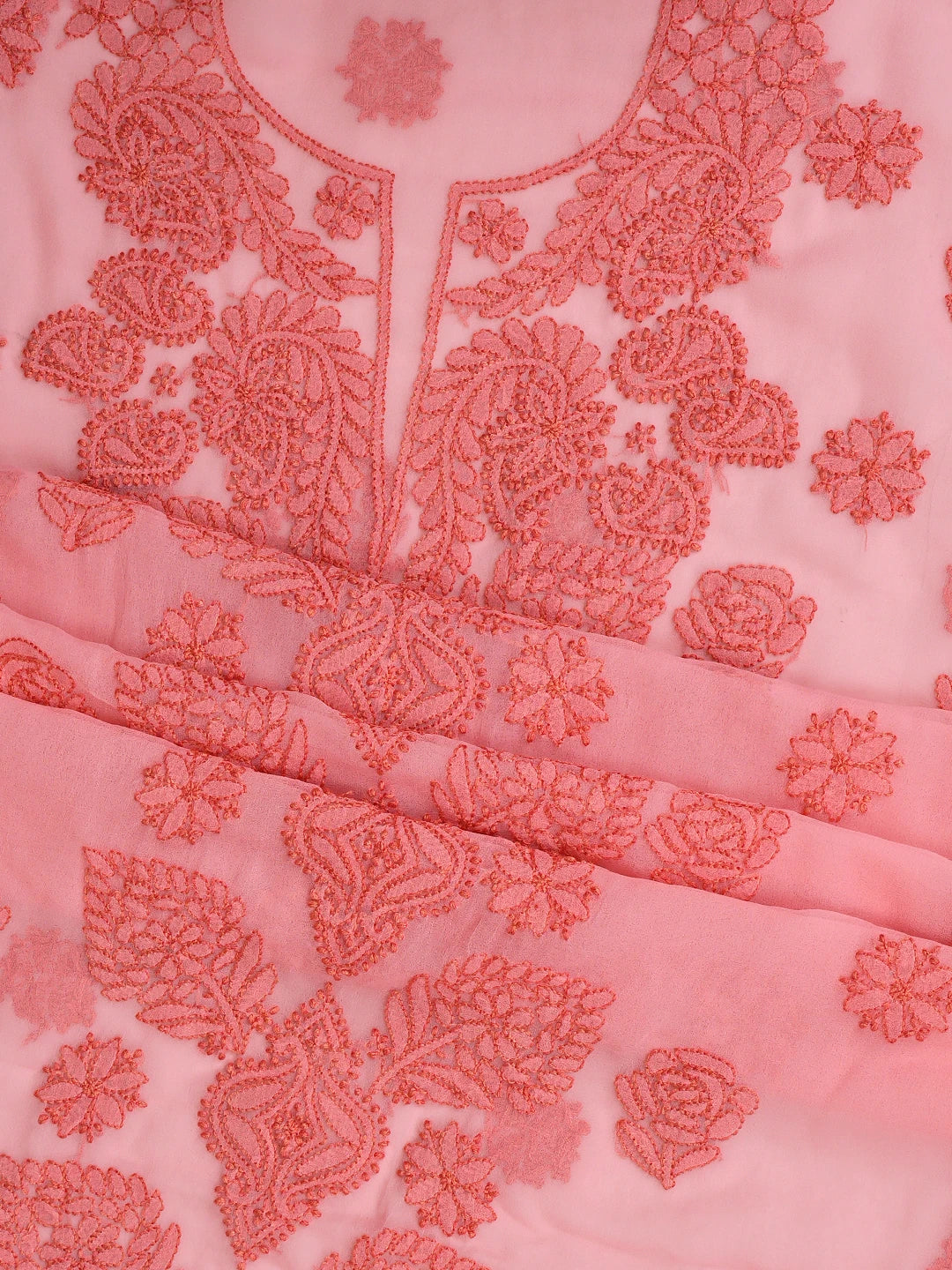 Ada Hand Embroidered Salmon Peach Georgette Lucknowi Chikankari Unstitched Suit Piece 01A923827