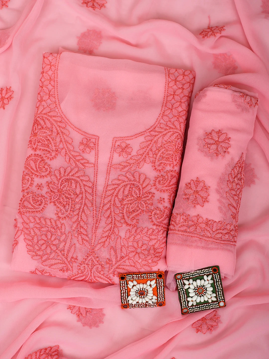Ada Hand Embroidered Salmon Peach Georgette Lucknowi Chikankari Unstitched Suit Piece 01A923827