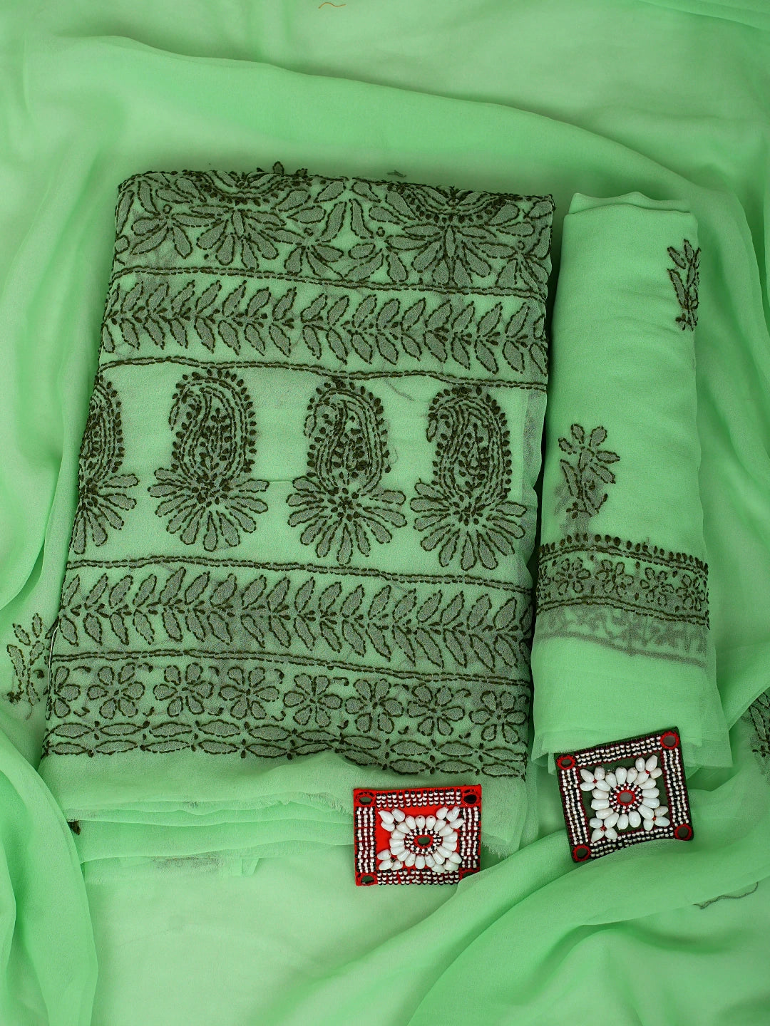 Ada Hand Embroidered Green Georgette Lucknowi Chikankari Unstitched Suit Piece 01A921626