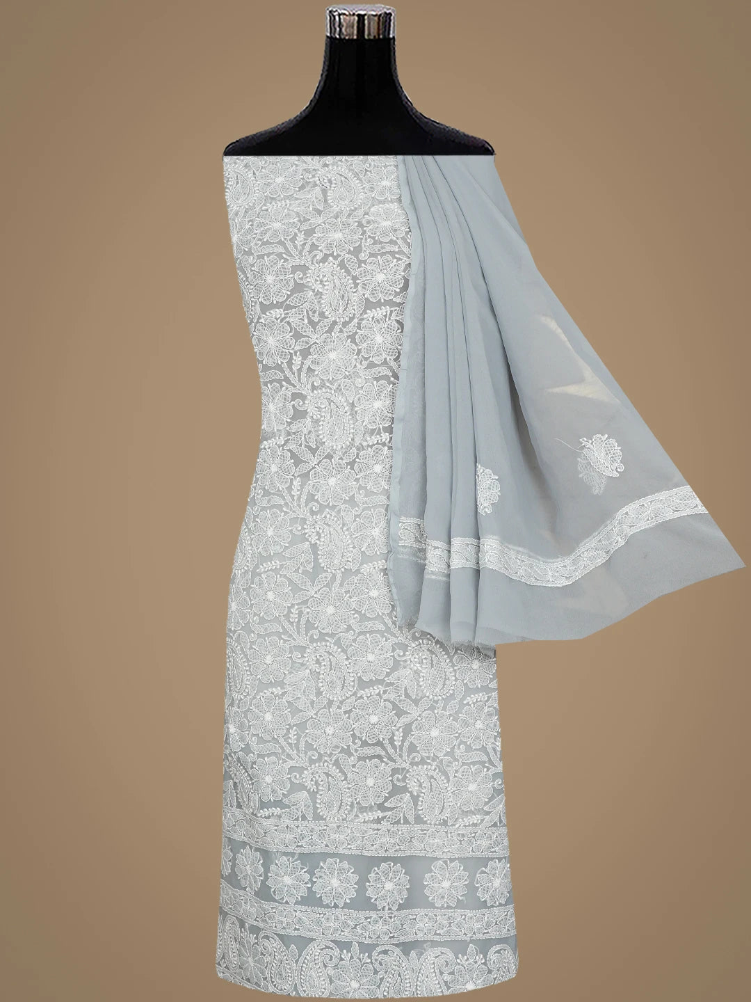 Ada Hand Embroidered Grey Georgette Lucknowi Chikankari Unstitched Suit Piece 01A905919