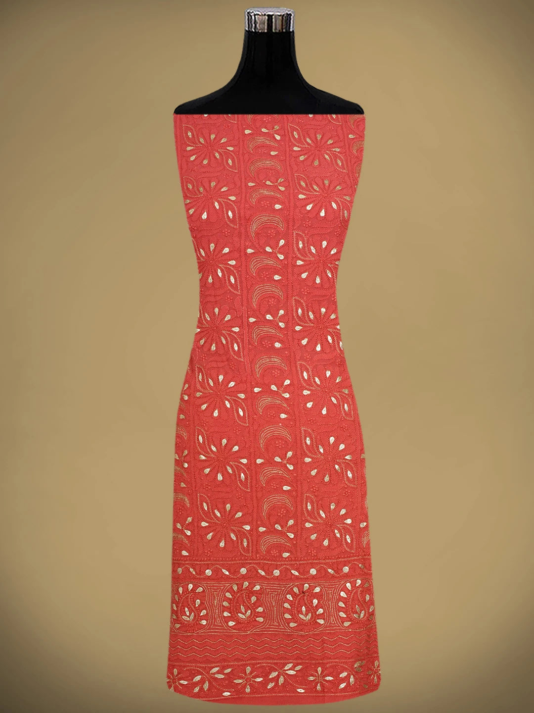 Ada Hand Embroidered Carrot Pink Viscose Georgette Lucknowi Chikankari Unstitched Kurta Dupatta Set With Gotapatti Work 01A751214
