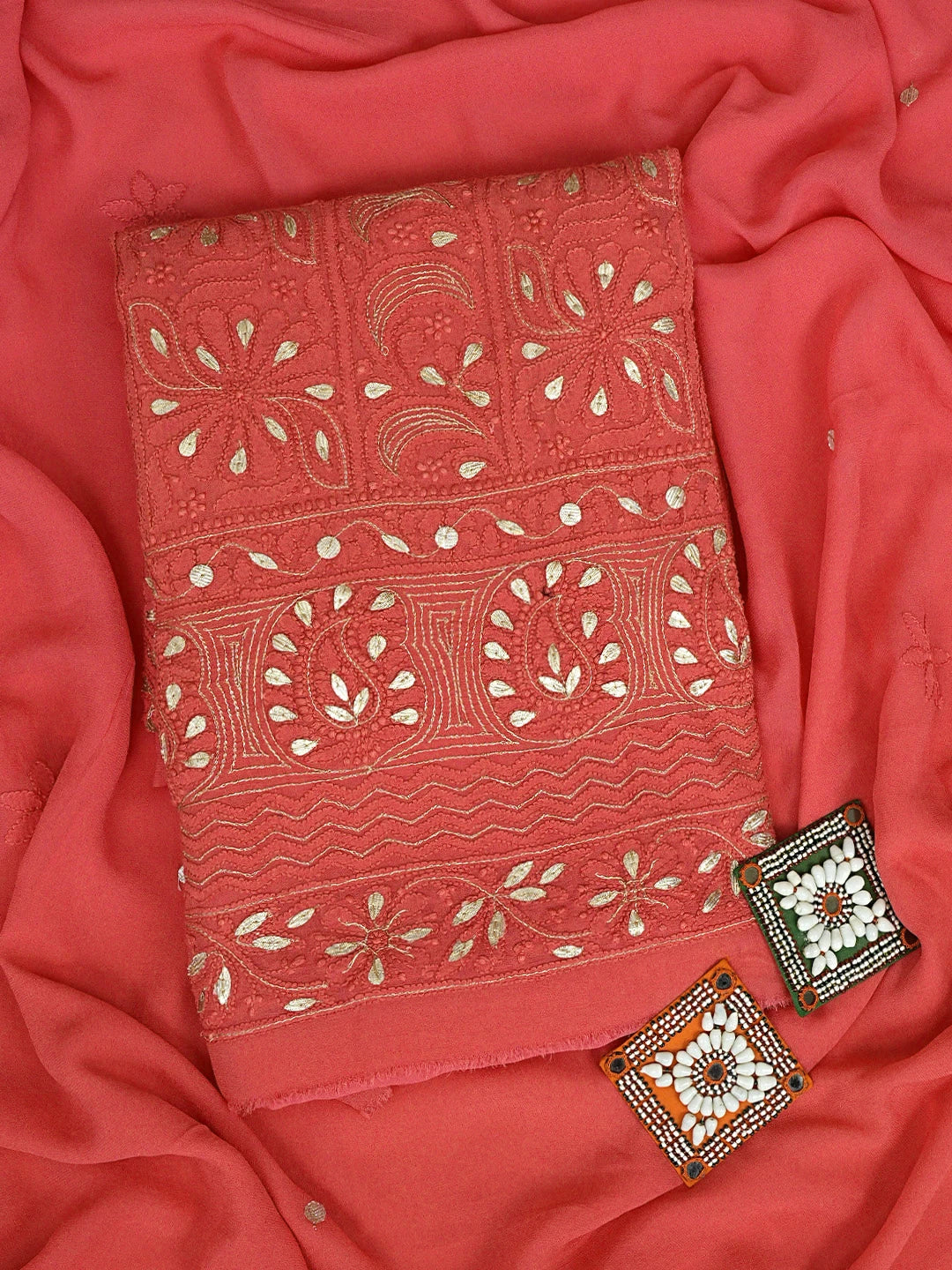 Ada Hand Embroidered Carrot Pink Viscose Georgette Lucknowi Chikankari Unstitched Kurta Dupatta Set With Gotapatti Work 01A751214