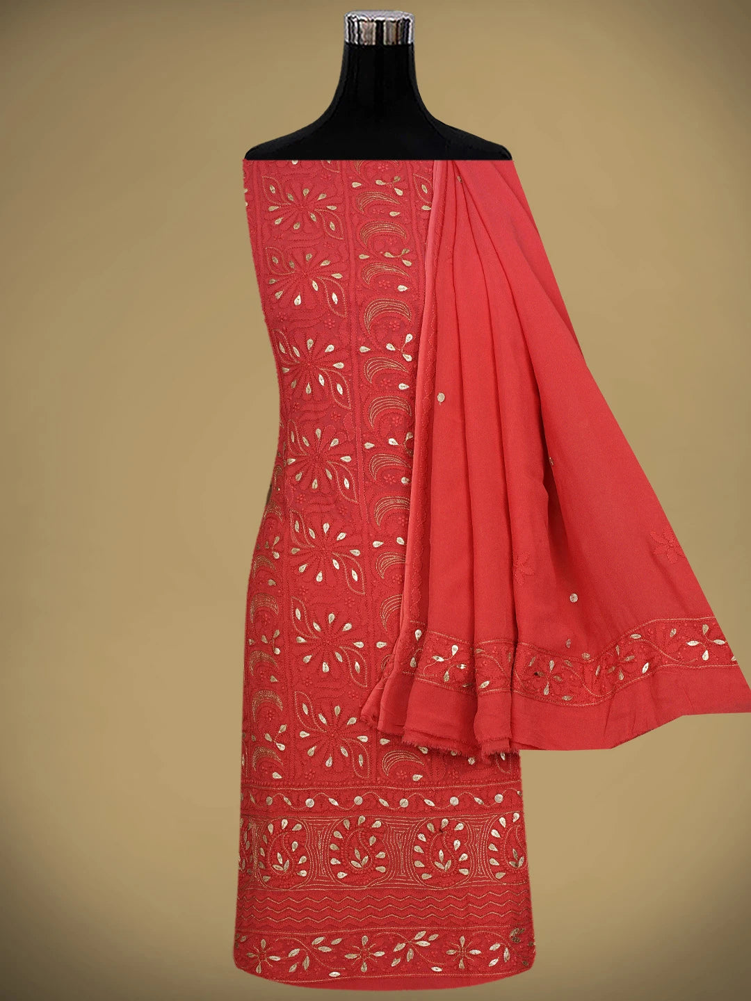 Ada Hand Embroidered Carrot Pink Viscose Georgette Lucknowi Chikankari Unstitched Kurta Dupatta Set With Gotapatti Work 01A751214