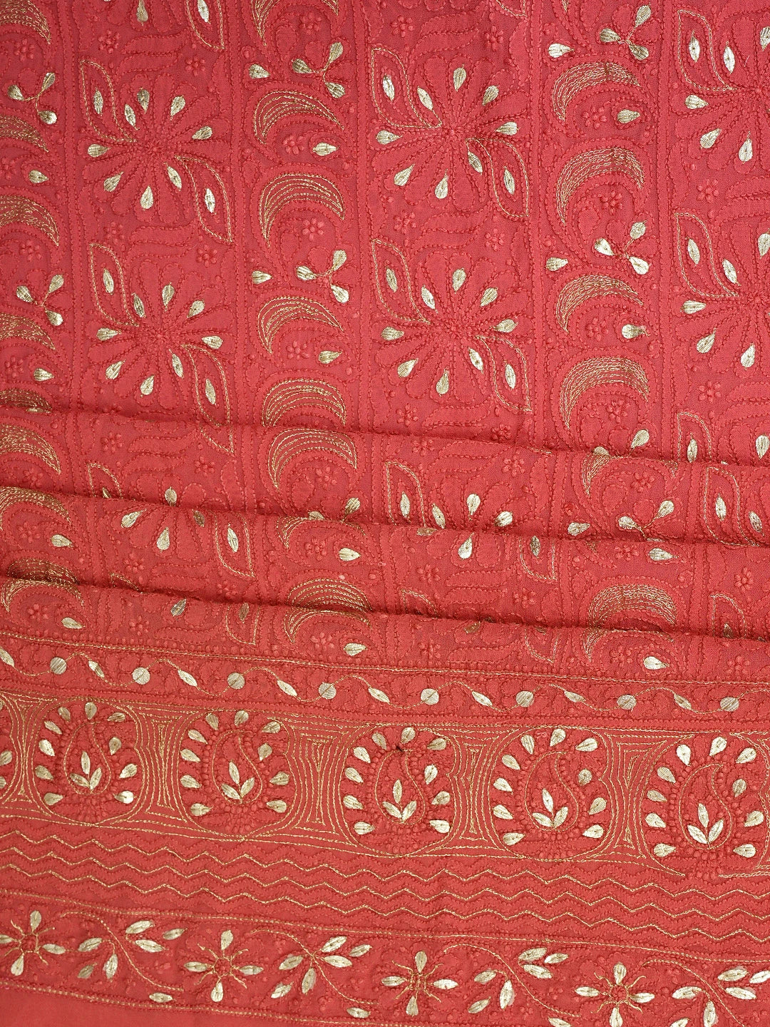 Ada Hand Embroidered Carrot Pink Viscose Georgette Lucknowi Chikankari Unstitched Kurta Dupatta Set With Gotapatti Work 01A751214