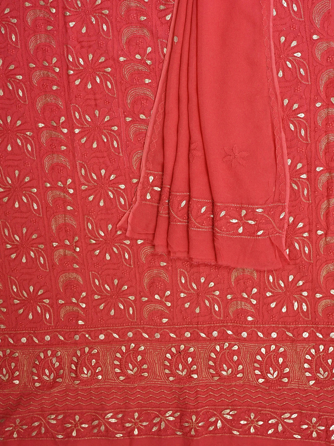 Ada Hand Embroidered Carrot Pink Viscose Georgette Lucknowi Chikankari Unstitched Kurta Dupatta Set With Gotapatti Work 01A751214