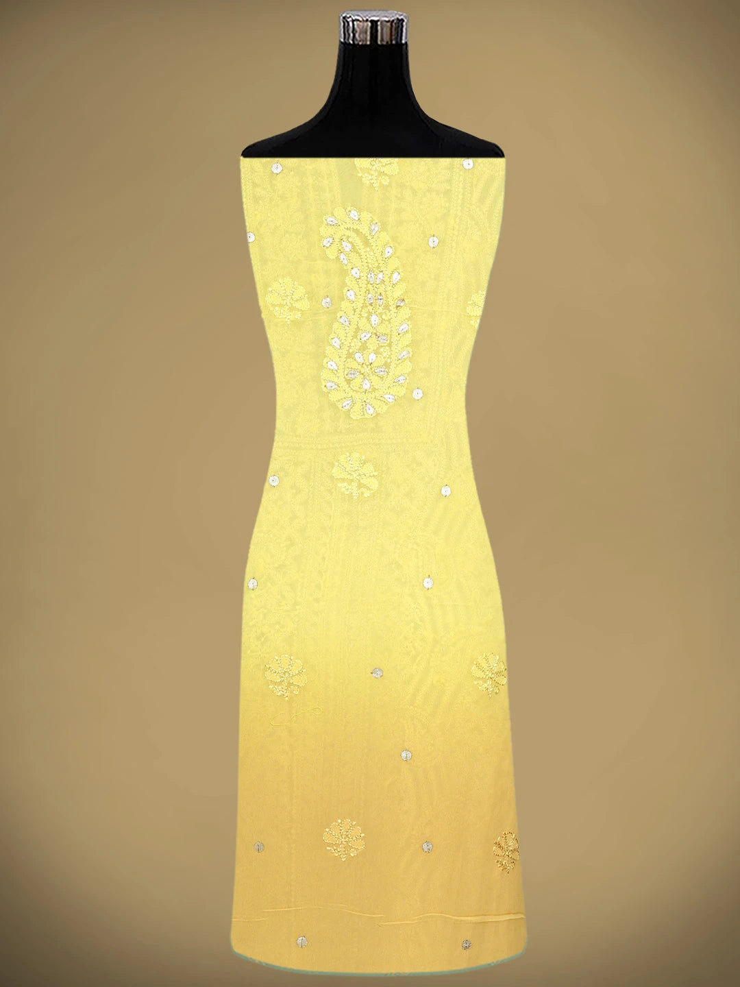 Ada Hand Embroidered Yellow & Fawn Viscose Georgette Lucknowi Chikankari Unstitched Kurta Dupatta Set With Gotapatti Work 01A809599