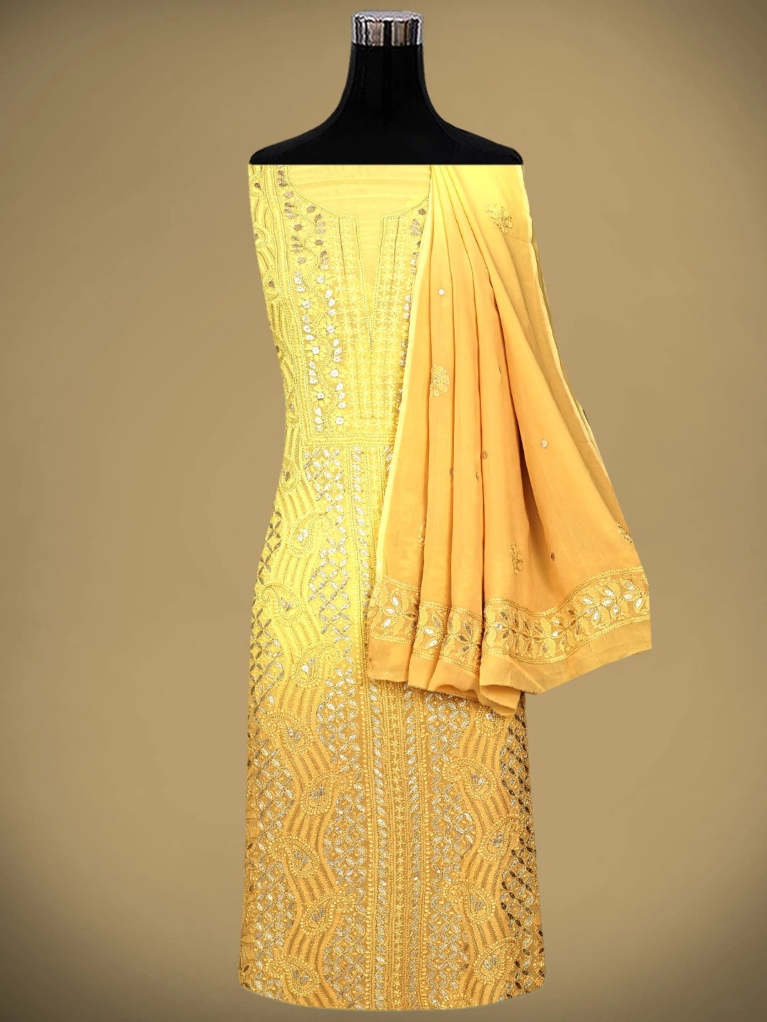 Ada Hand Embroidered Yellow & Fawn Viscose Georgette Lucknowi Chikankari Unstitched Kurta Dupatta Set With Gotapatti Work 01A809599