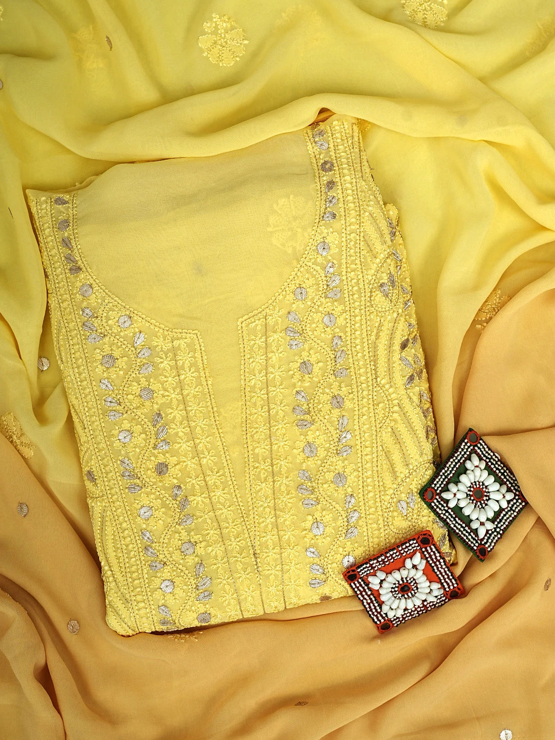 Ada Hand Embroidered Yellow & Fawn Viscose Georgette Lucknowi Chikankari Unstitched Kurta Dupatta Set With Gotapatti Work 01A809599
