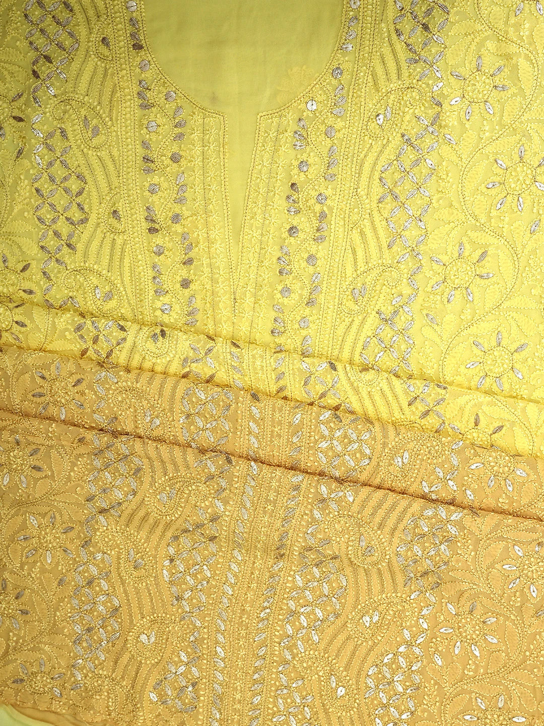 Ada Hand Embroidered Yellow & Fawn Viscose Georgette Lucknowi Chikankari Unstitched Kurta Dupatta Set With Gotapatti Work 01A809599