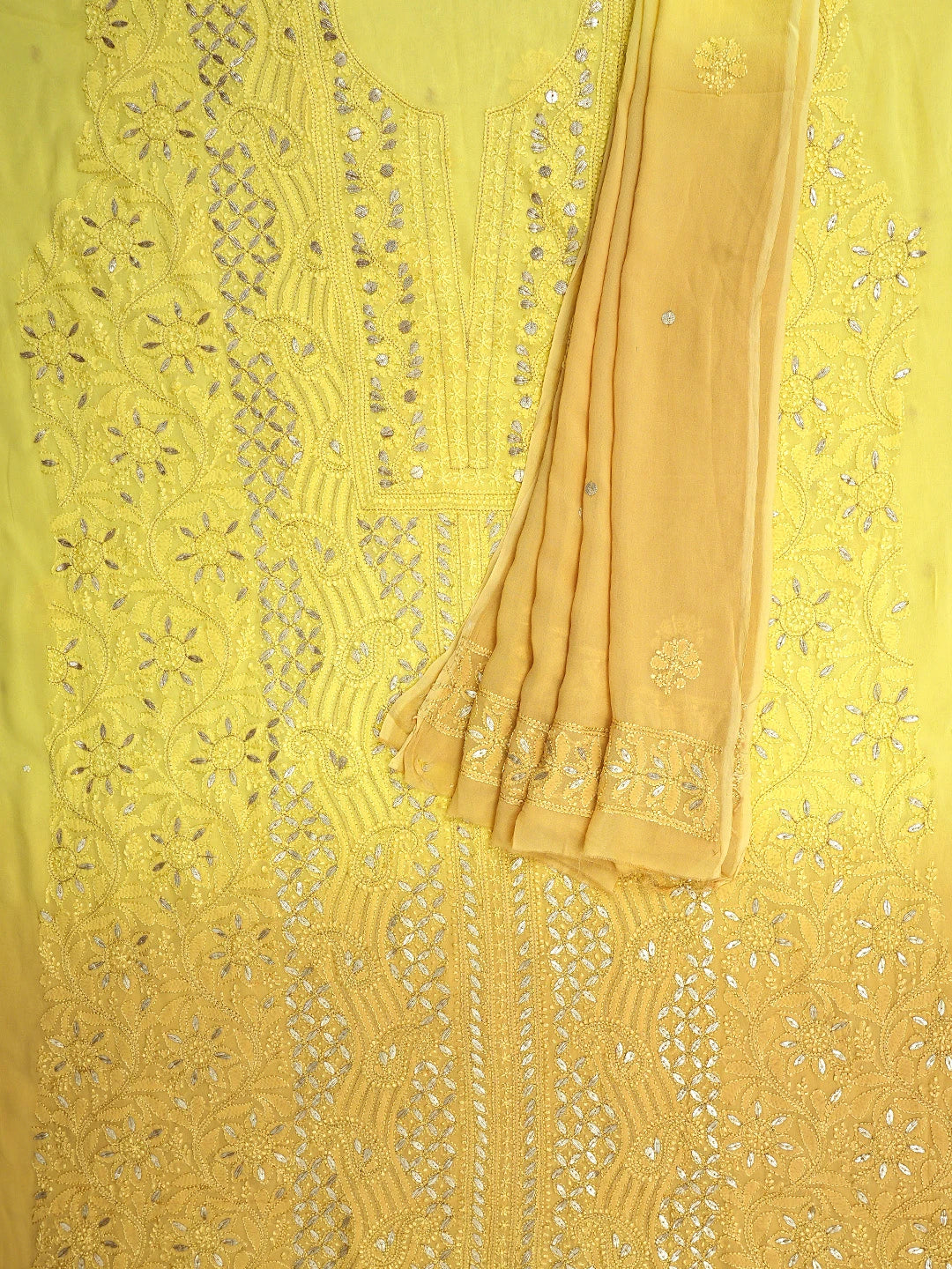 Ada Hand Embroidered Yellow & Fawn Viscose Georgette Lucknowi Chikankari Unstitched Kurta Dupatta Set With Gotapatti Work 01A809599