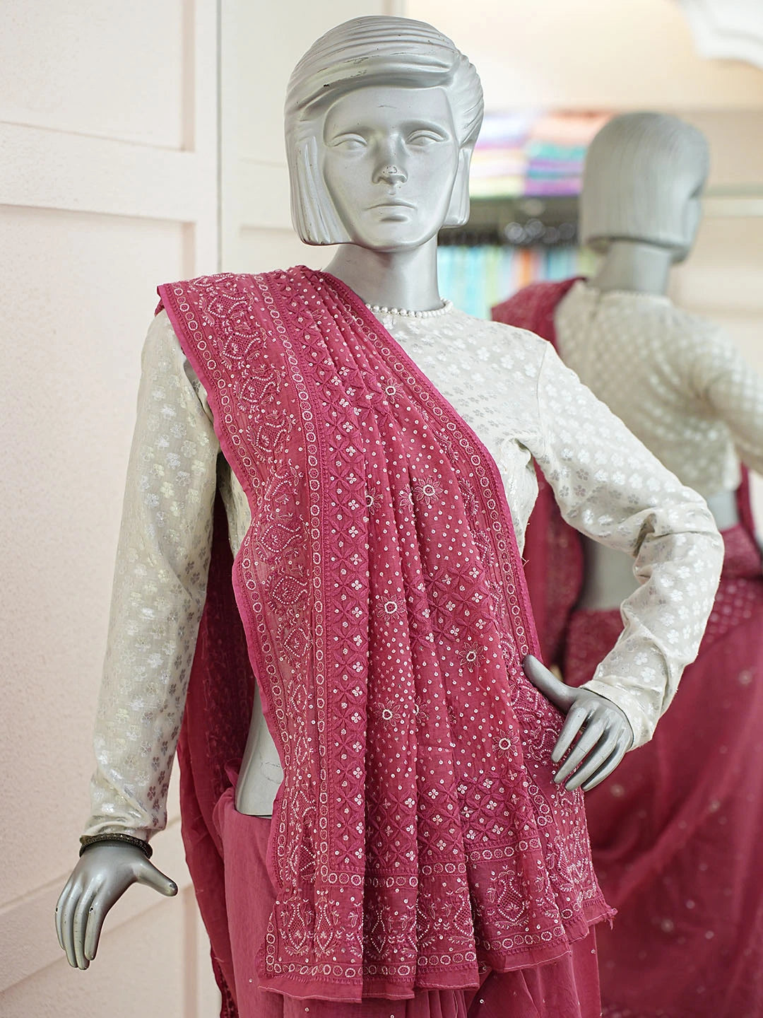 Ada Hand Embroidered Cherry Rose Chanderi Lucknowi Chikankari Saree and Blouse With Sequinned Work 01A719968