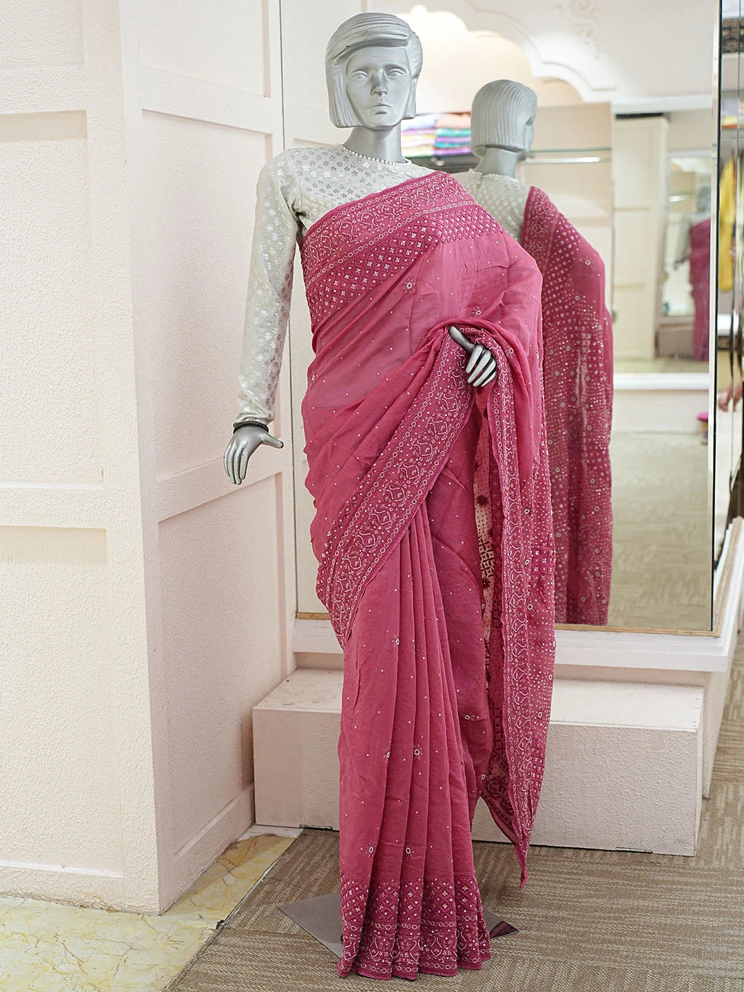 Ada Hand Embroidered Cherry Rose Chanderi Lucknowi Chikankari Saree and Blouse With Sequinned Work 01A719968