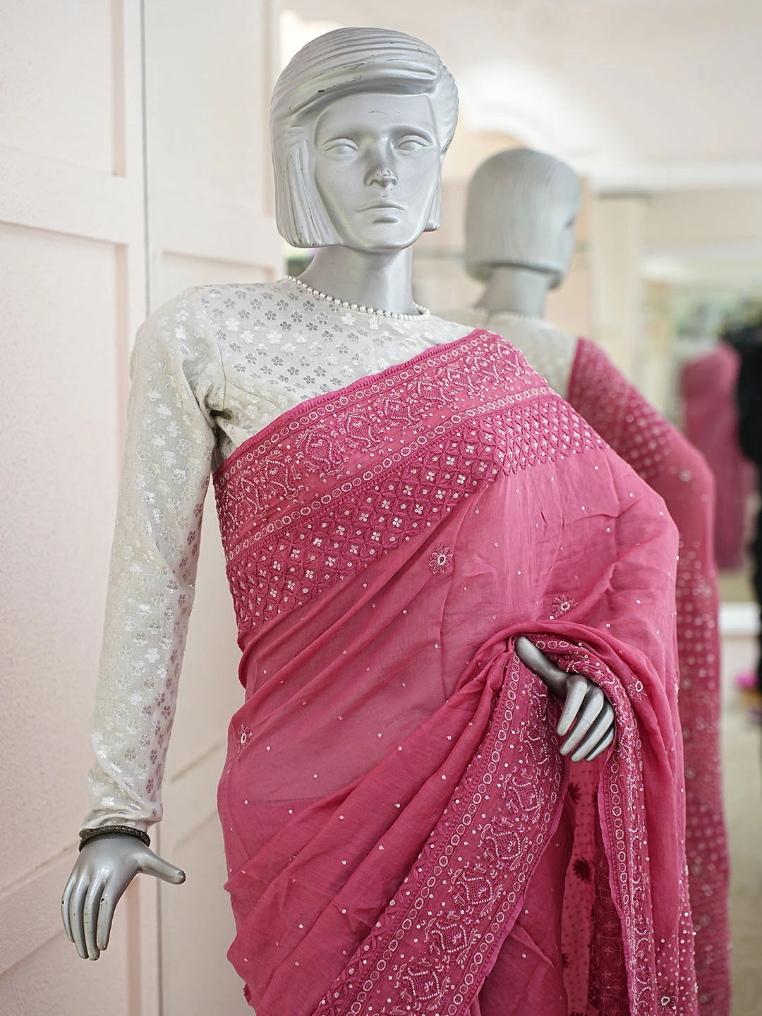 Ada Hand Embroidered Cherry Rose Chanderi Lucknowi Chikankari Saree and Blouse With Sequinned Work 01A719968