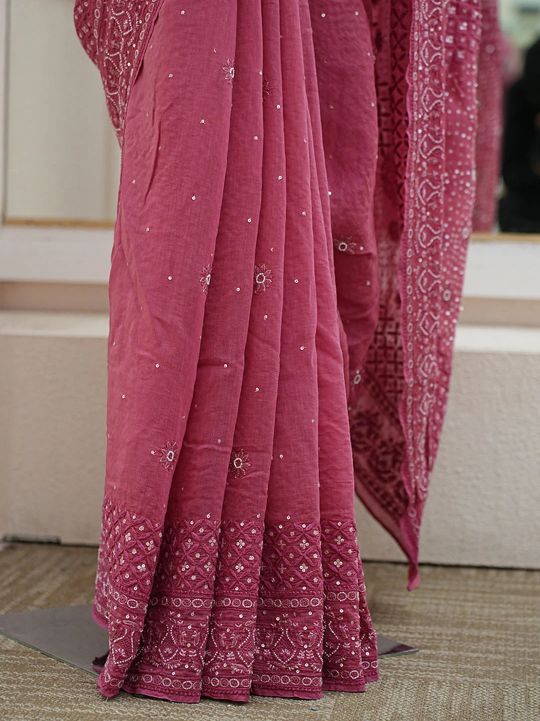 Ada Hand Embroidered Cherry Rose Chanderi Lucknowi Chikankari Saree and Blouse With Sequinned Work 01A719968