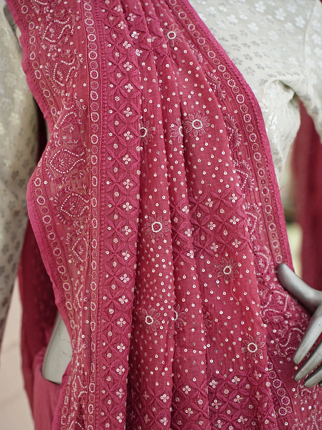 Ada Hand Embroidered Cherry Rose Chanderi Lucknowi Chikankari Saree and Blouse With Sequinned Work 01A719968