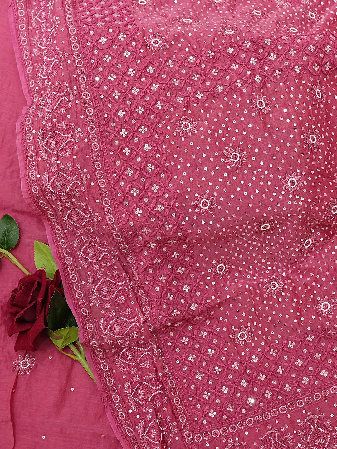 Ada Hand Embroidered Cherry Rose Chanderi Lucknowi Chikankari Saree and Blouse With Sequinned Work 01A719968