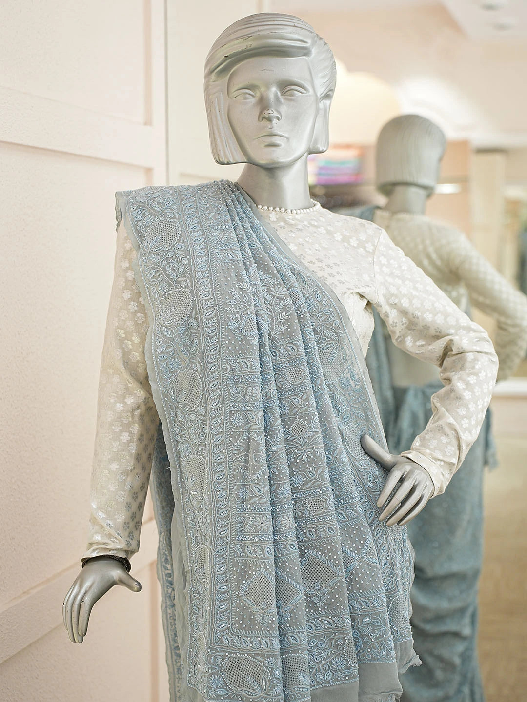 Ada Hand Embroidered Grey Pure Georgette Lucknowi Chikankari Saree and Blouse With Sequinned Work 01A865585
