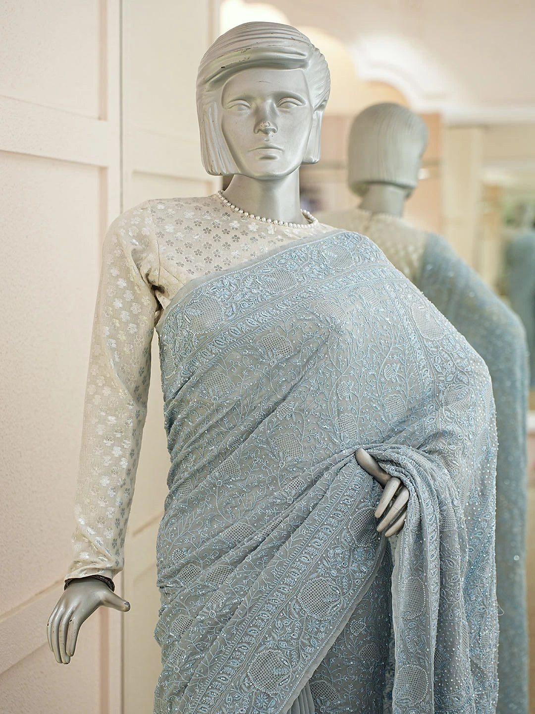 Ada Hand Embroidered Grey Pure Georgette Lucknowi Chikankari Saree and Blouse With Sequinned Work 01A865585