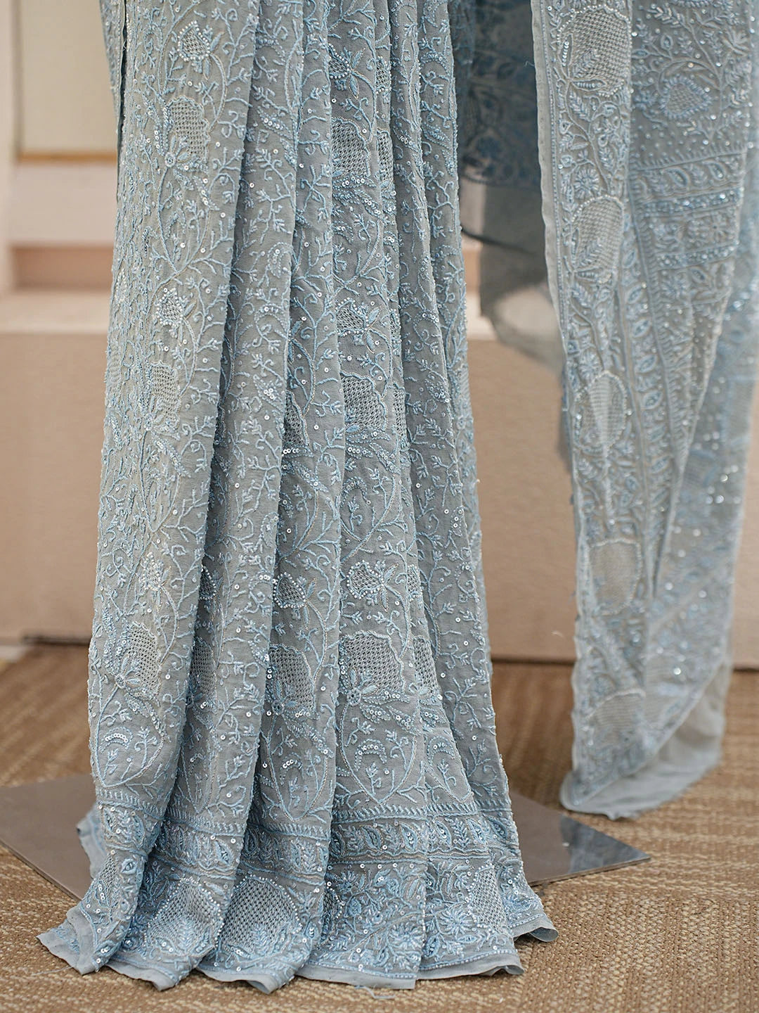 Ada Hand Embroidered Grey Pure Georgette Lucknowi Chikankari Saree and Blouse With Sequinned Work 01A865585